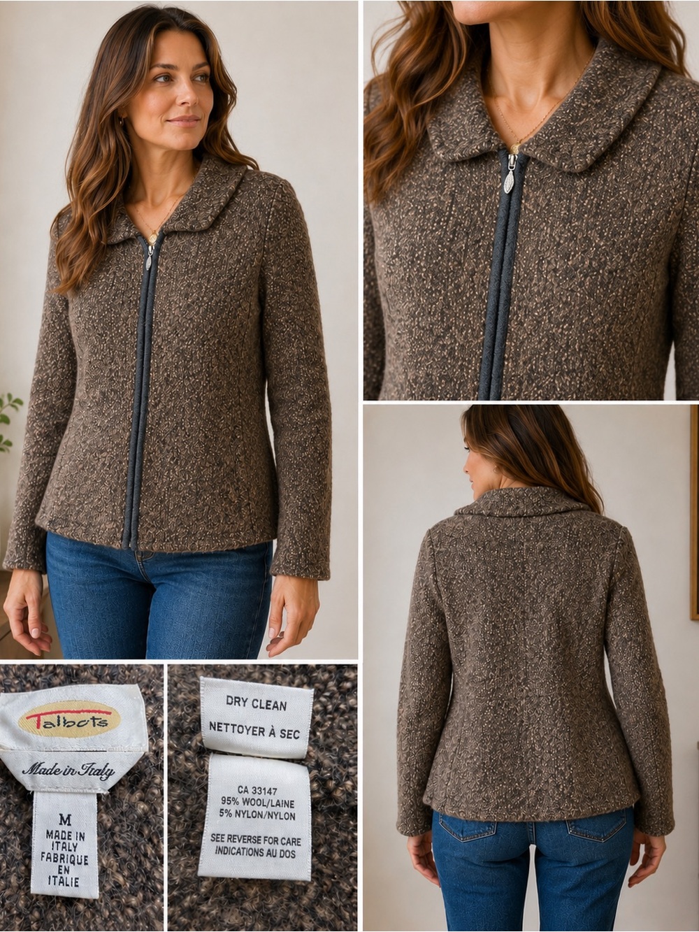 Talbots Made in Italy Bouclé Zip Sweater Jacket Women’s Medium‎ Brown Wool Blend